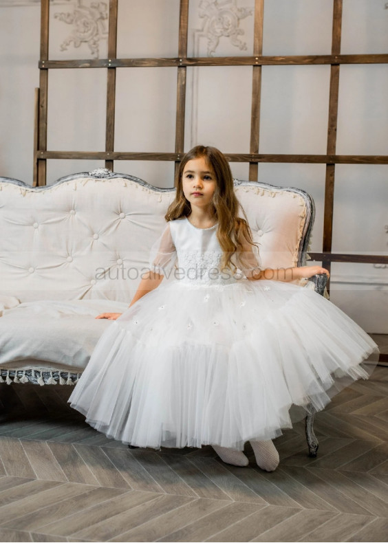 Beaded Ivory Lace Tulle Fairy Flower Girl Dress